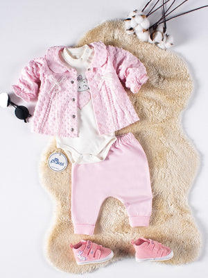 Mini Pakel Hırkalı Kedi Nakışlı 3'lü 1-6 Ay Takım - Pembe