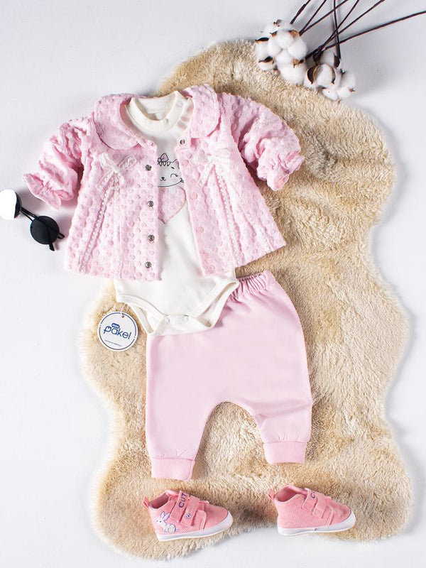 Mini Pakel Hırkalı Kedi Nakışlı 3'lü 1-6 Ay Takım - Pembe