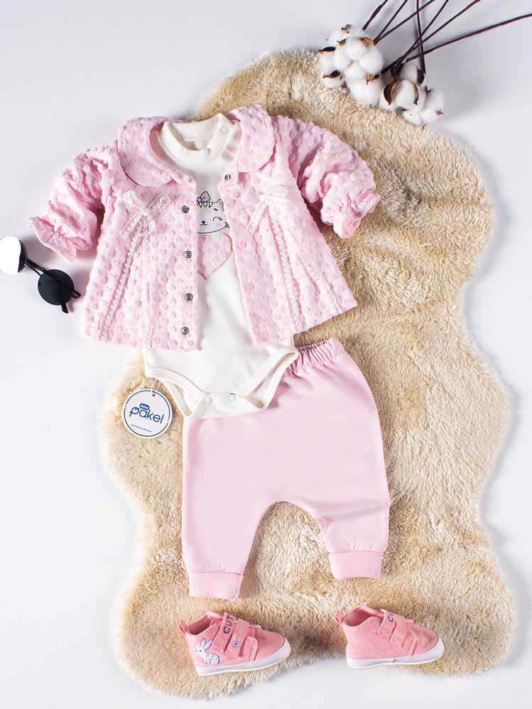 Mini Pakel Hırkalı Kedi Nakışlı 3'lü 1-6 Ay Takım - Pembe