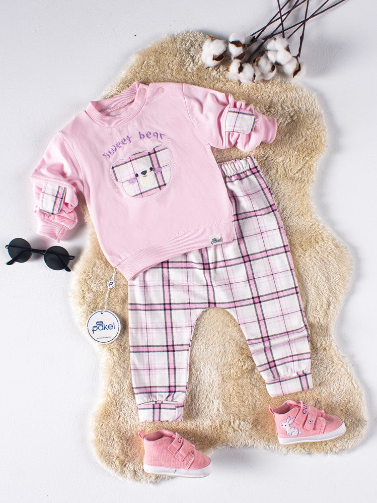 Mini Pakel Sweet Bear Nakışlı Omuzu Çıtçıtlı 2'li 6-12 Ay Takım - Pembe