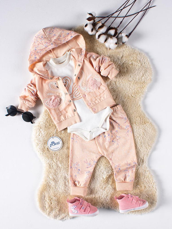 Mini Pakel Kapüşonlu Kuğu Nakışlı 3'lü 1-6 Ay Takım - Pudra