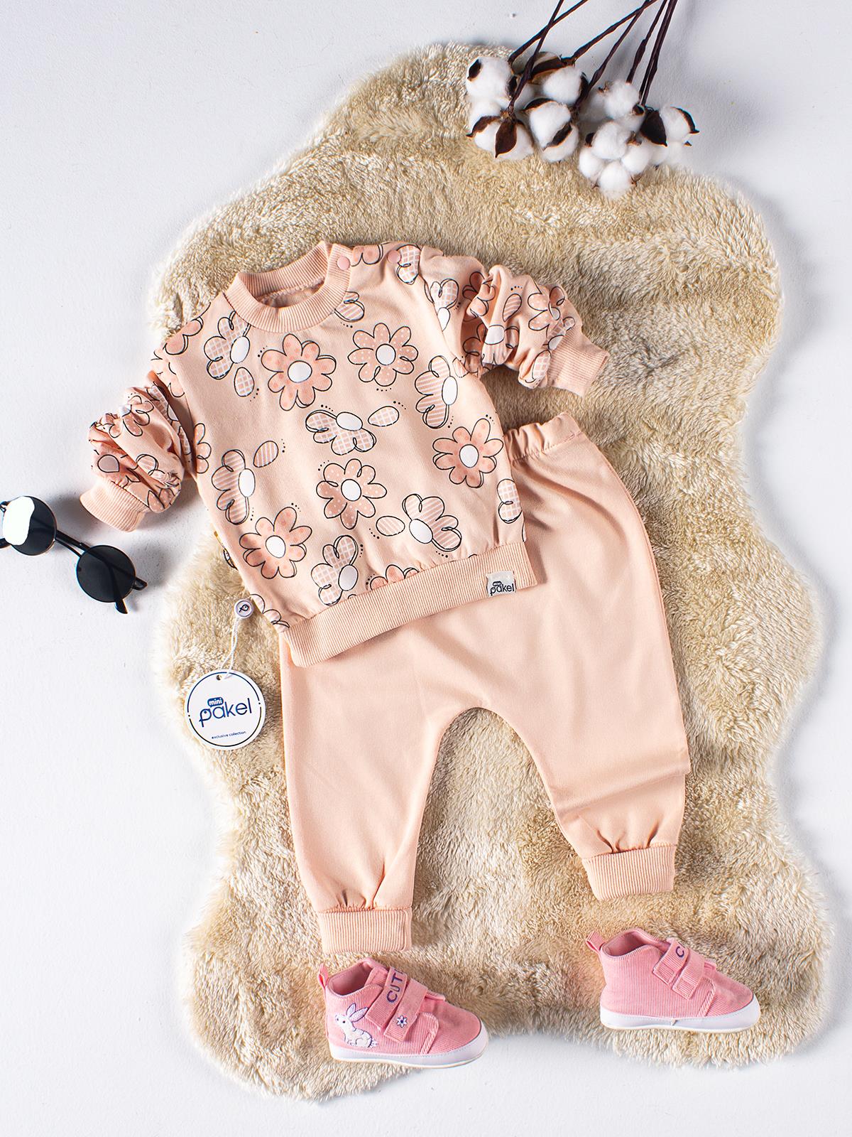 Mini Pakel Çiçek Baskılı Omuzu Çıtçıtlı 2'li 6-18 Ay Takım - Pudra