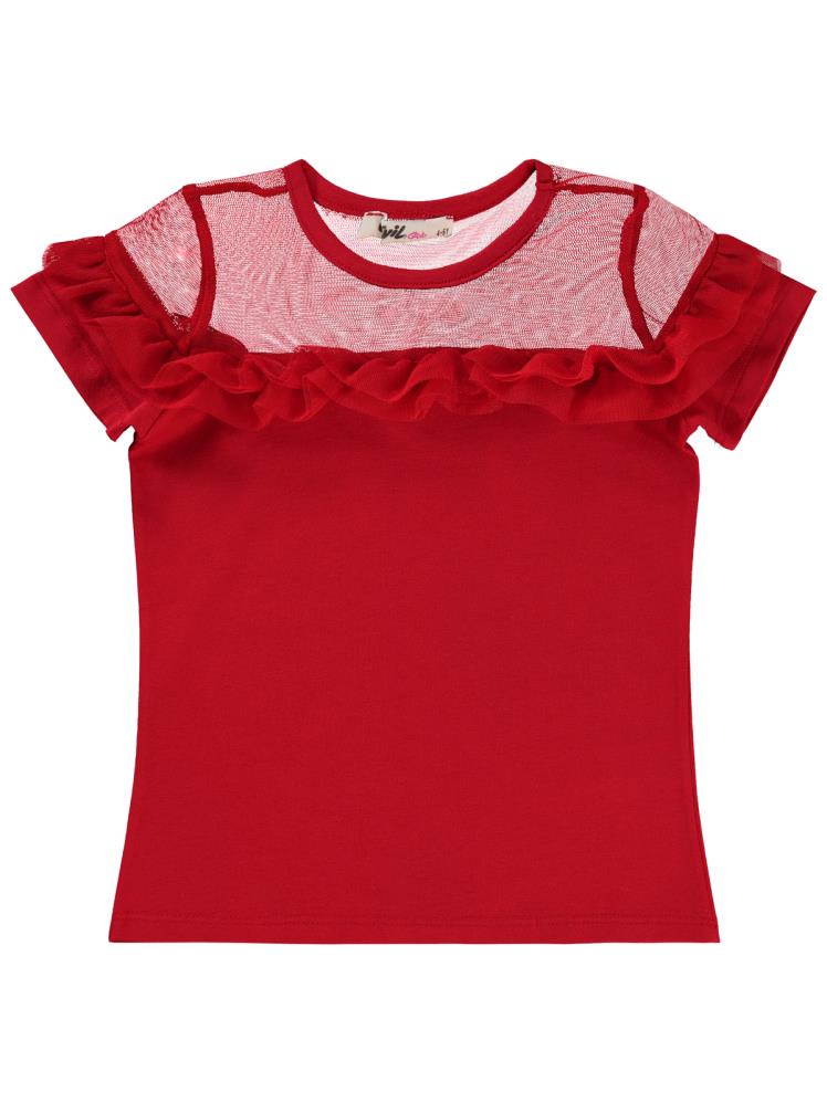 Civil Girls Fırfır Tüllü 4-9 Yaş Tişört - Kırmızı