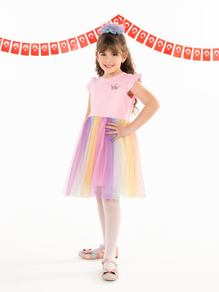 Civil Girls Renkli Tüllü Kaşkorse 4-9 Yaş Elbise - Pembe