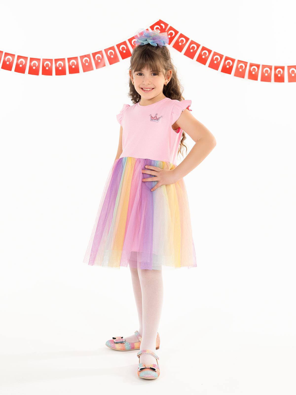 Civil Girls Renkli Tüllü Kaşkorse 4-9 Yaş Elbise - Pembe