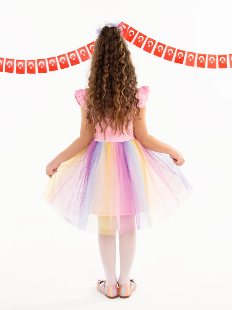 Civil Girls Renkli Tüllü Kaşkorse 4-9 Yaş Elbise - Pembe