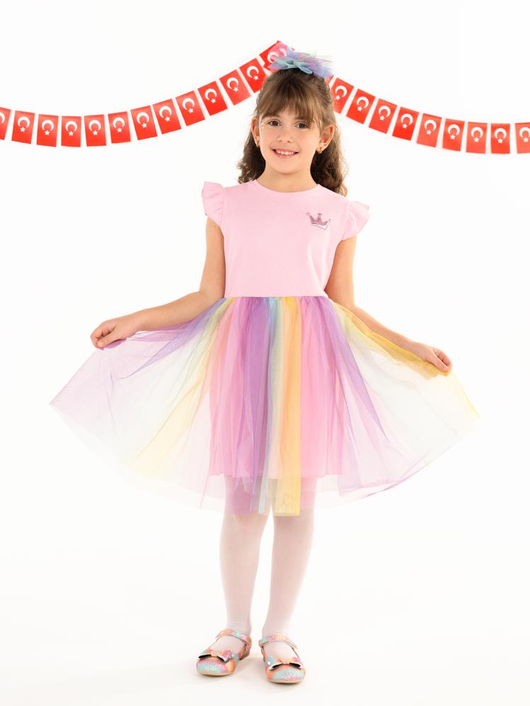 Civil Girls Renkli Tüllü Kaşkorse 4-9 Yaş Elbise - Pembe