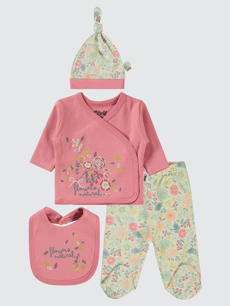 Civil Baby Natural Flowers Baskılı 4'li Zıbın Takımları - Pembe
