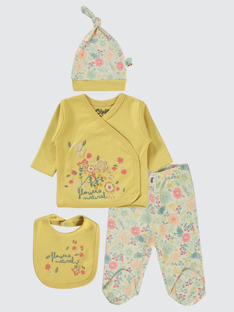 Civil Baby Natural Flowers Baskılı 4'li Zıbın Takımları - Hardal