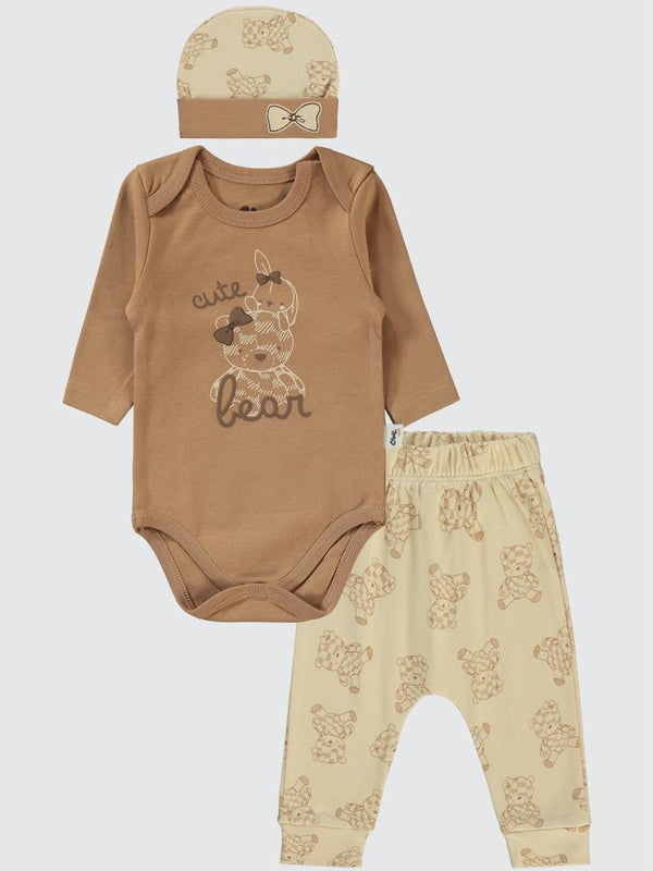 Civil Baby Cute Bear Baskılı 3'lü 6-18 Takım - Kahverengi