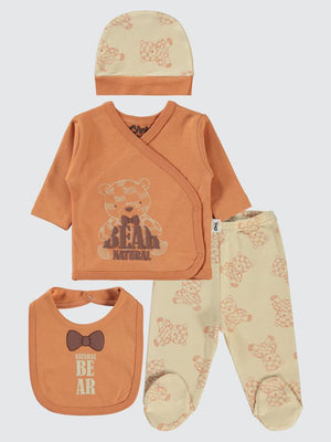 Civil Baby Natural Bear Baskılı 4'li Zıbın Takımları - Turuncu