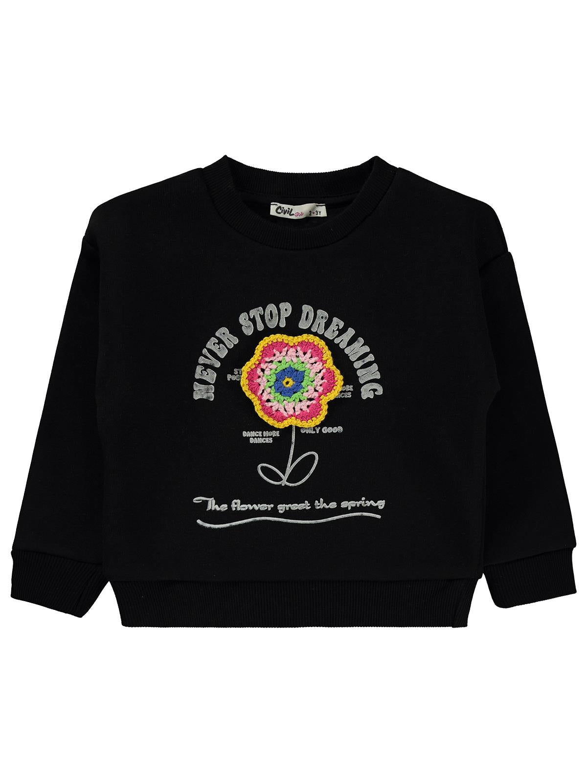 Civil Kız Çocuk Never Stop Baskılı Sweatshirt | 3 İp Uzun Kol | Okul Kreş ve Günlük Kullanım - Siyah