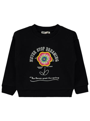 Civil Kız Çocuk Never Stop Baskılı Sweatshirt | 3 İp Uzun Kol | Okul Kreş ve Günlük Kullanım - Siyah