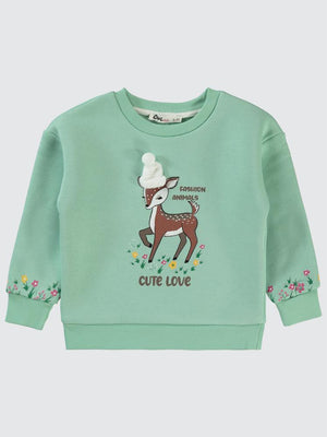 Civil Girls Geyik Baskılı 2-5 Yaş Sweatshirt - Yeşil