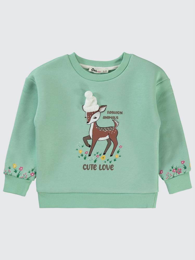 Civil Girls Geyik Baskılı 2-5 Yaş Sweatshirt - Yeşil