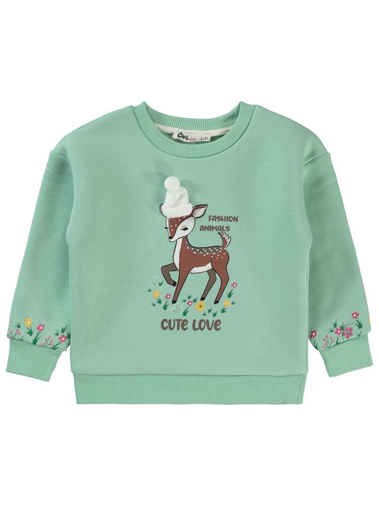 Civil Girls Geyik Baskılı 2-5 Yaş Sweatshirt - Yeşil
