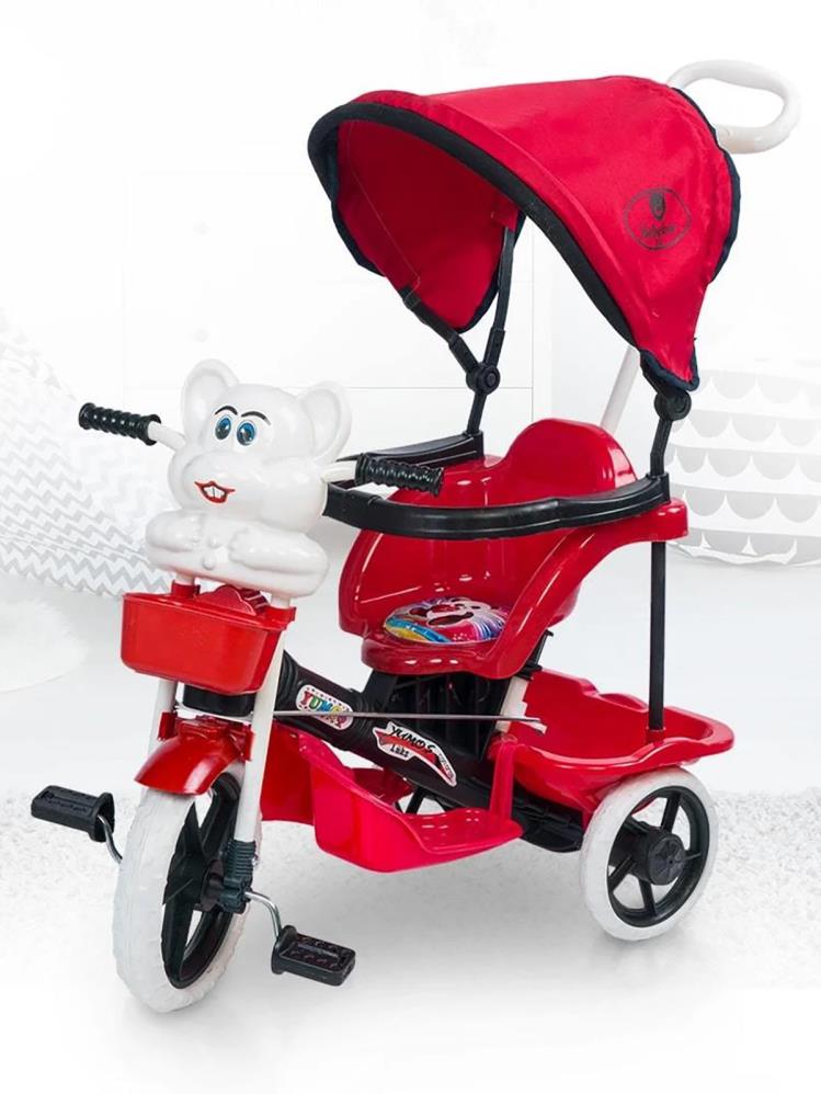 Bebelow Fayton Itmeli Ebeveyn Kontrollü Tenteli Üç Tekerlekli Bisiklet - Kırmızı