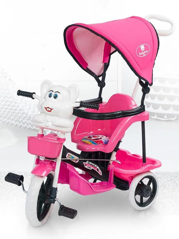 Bebelow Fayton Itmeli Ebeveyn Kontrollü Tenteli Üç Tekerlekli Bisiklet - Pembe