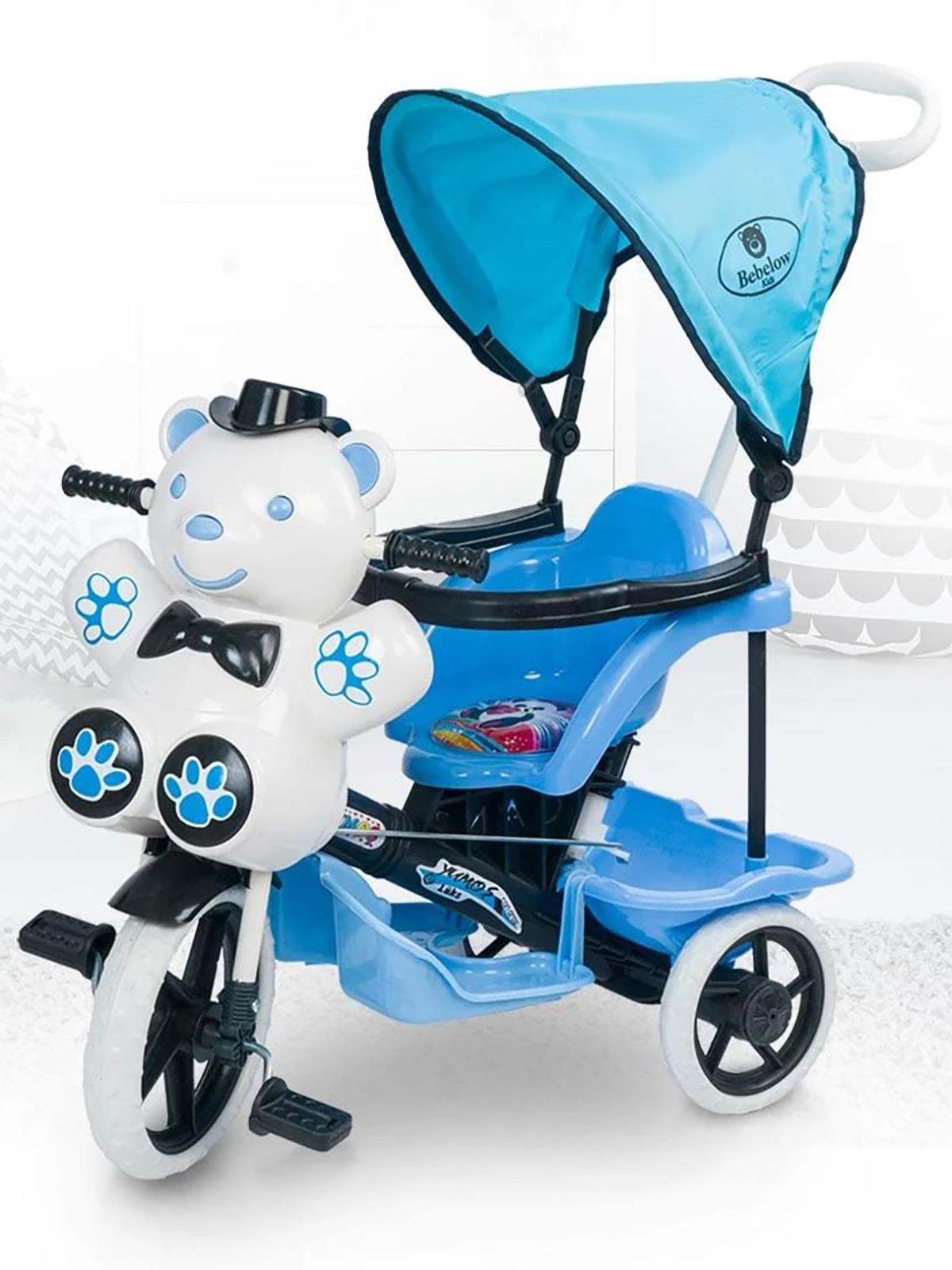 Bebelow Yumoş Itmeli Ebeveyn Kontrollü Tenteli Üç Tekerlekli Bisiklet - Mavi