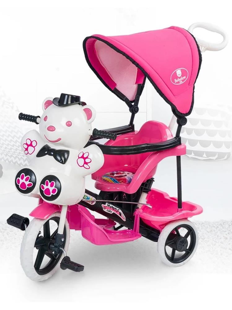 Bebelow Yumoş Itmeli Ebeveyn Kontrollü Tenteli Üç Tekerlekli Bisiklet - Pembe