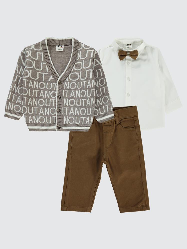 Civil Baby Yazı Baskılı Papyonlu 3'Lü 6-18 Ay Takım - Kahverengi