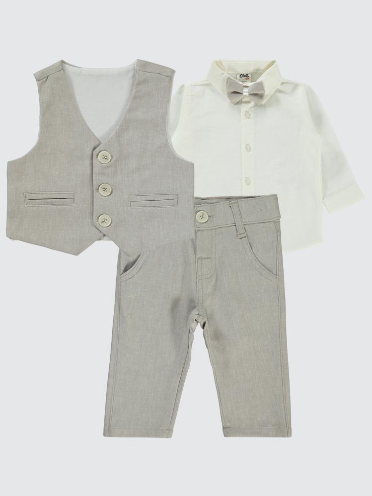 Civil Baby Yelek ve Papyonlu 3'Lü 6-18 Ay Takım - Bej