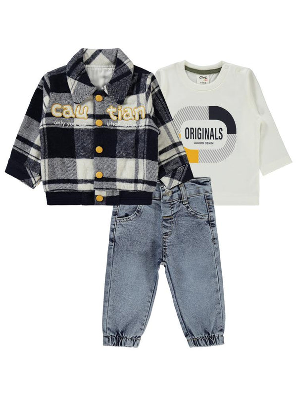 Civil Baby Ekoseli Yazı Nakışlı 3'Lü 6-18 Ay Takım - Lacivert