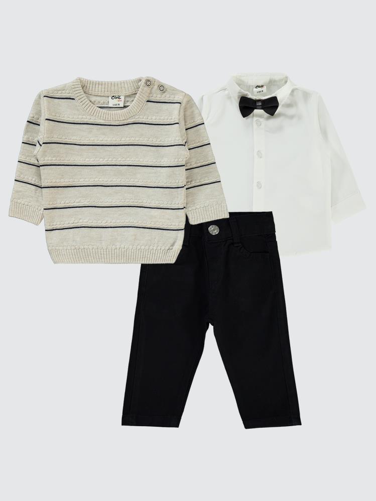 Civil Baby Çizgili Kazak 3'Lü 6-18 Ay Takım - Bej