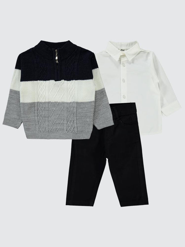 Civil Baby Parça Çizgili Kazak 3'Lü 6-18 Ay Takım - Lacivert