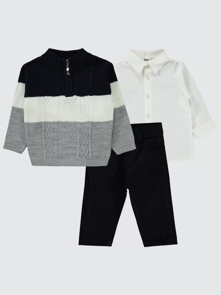 Civil Baby Parça Çizgili Kazak 3'Lü 6-18 Ay Takım - Lacivert