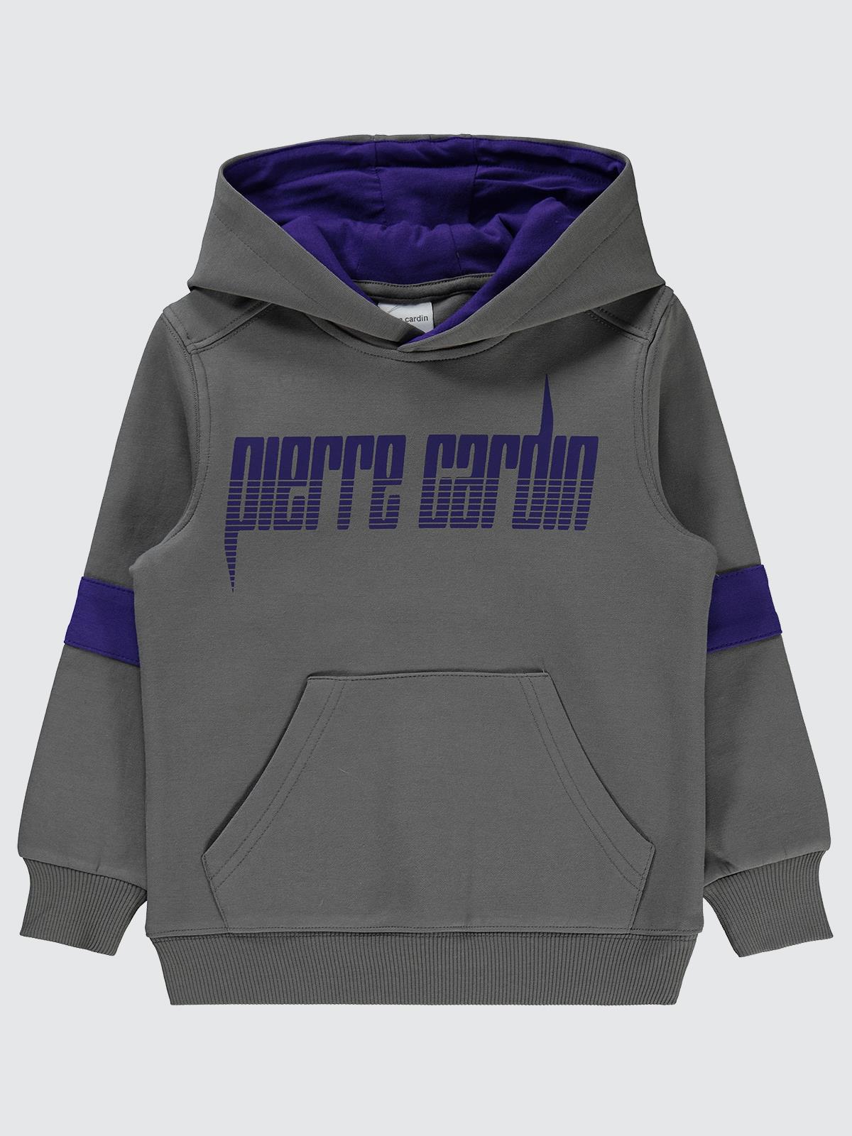 Pierre Cardin Baskılı Sweatshirt | İnterlok Uzun Kol Kapşonlu Baskılı | Okul Kreş ve Günlük Kullanım - Gri