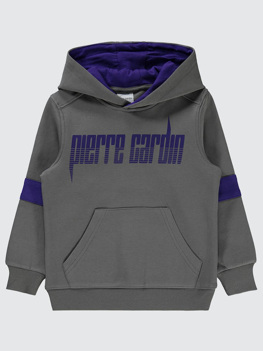 Pierre Cardin Baskılı Sweatshirt | İnterlok Uzun Kol Kapşonlu Baskılı | Okul Kreş ve Günlük Kullanım - Gri