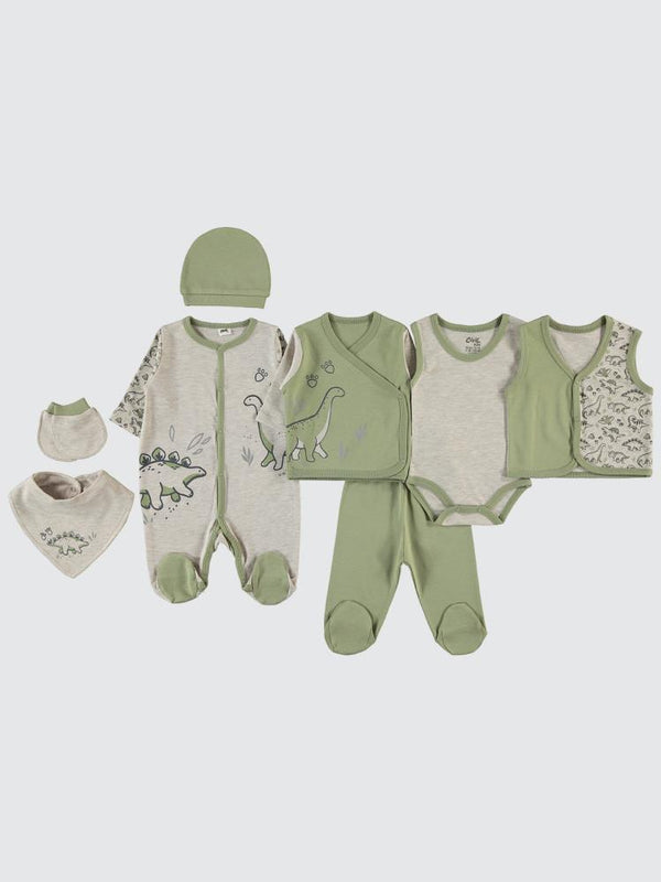 Civil Baby Dinazor baskılı 8 li 0-1 Ay Zıbın Setleri - Haki