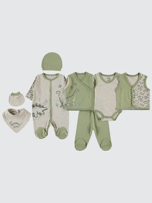 Civil Baby Dinazor baskılı 8 li 0-1 Ay Zıbın Setleri - Haki