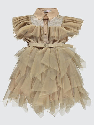 Civil Girls Beli Kemerli Tül 6-12 Yaş Elbise - Bej