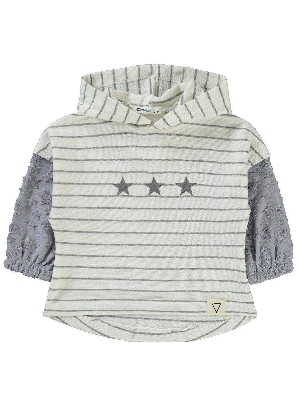 Civil Erkek Çocuk Yıldız Baskılı Çizgili Kapşonlu Sweatshirt | Okul Kreş ve Günlük Kullanım - Mavi