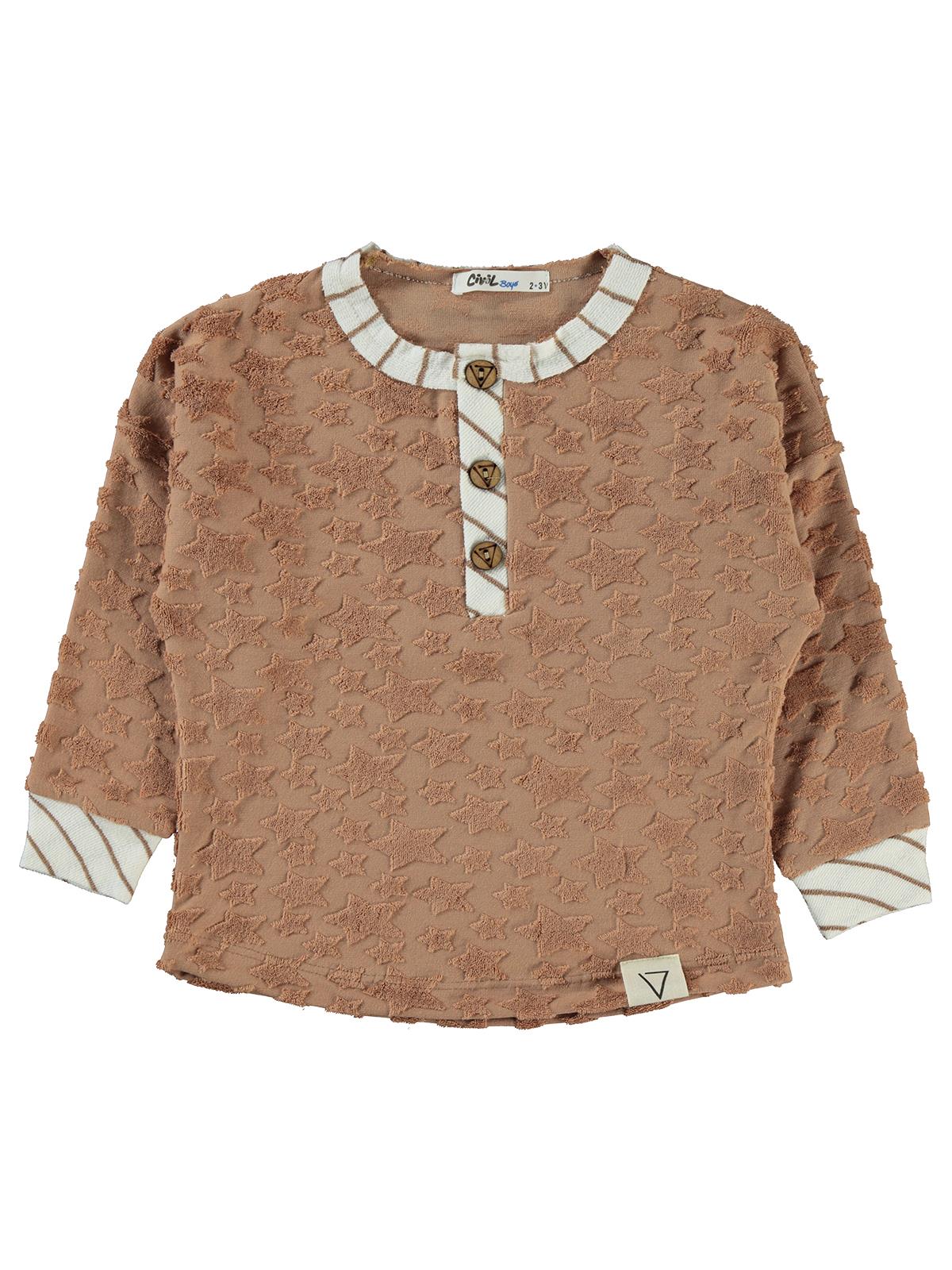 Civil Erkek Çocuk Yıldız Baskılı Düğmeli Sweatshirt | Okul Kreş ve Günlük Kullanım - Kahverengi