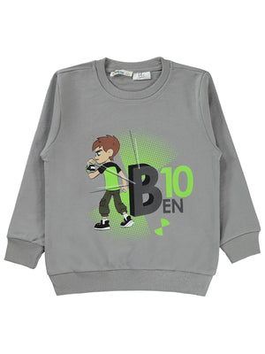 Ben10 Baskılı Sweatshirt | 2 İp Uzun Kol Bisiklet Yaka Baskılı | Okul Kreş ve Günlük Kullanım - Gri
