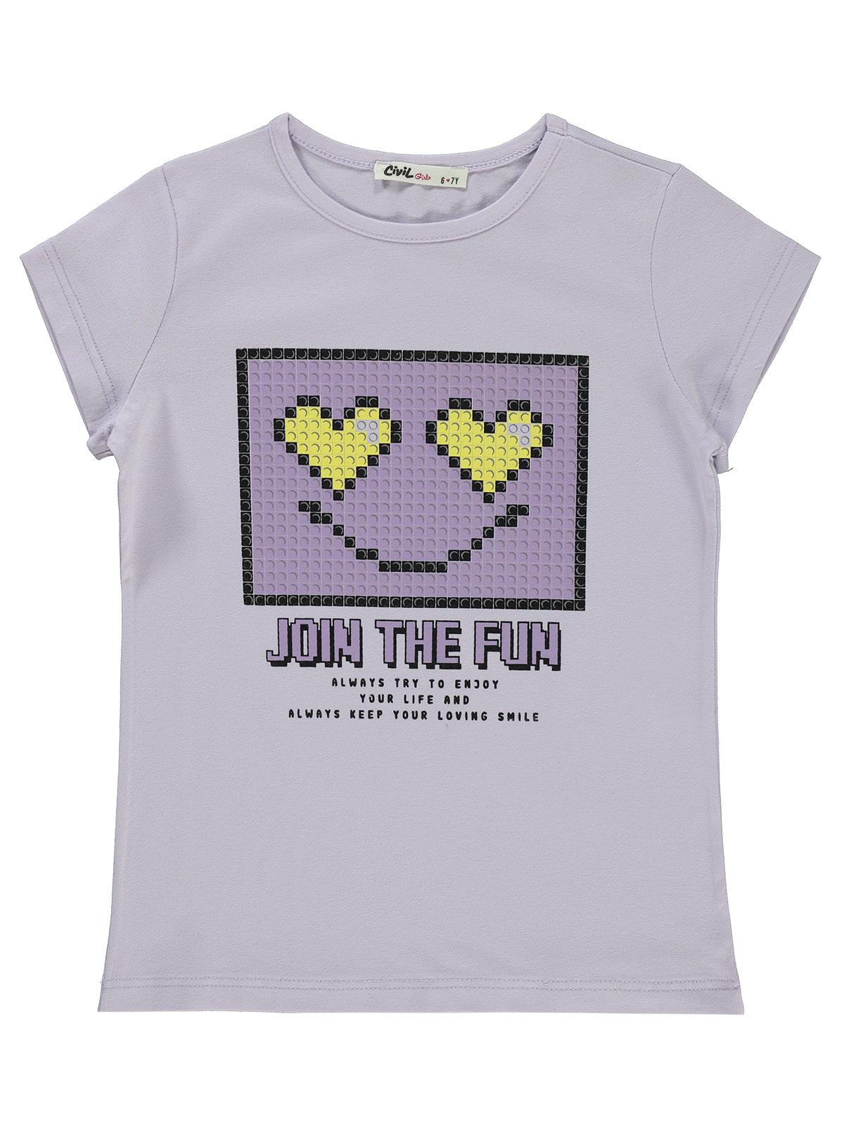 Civil Girls Pixcel Baskılı 6-9 Yaş Tişört - Lila