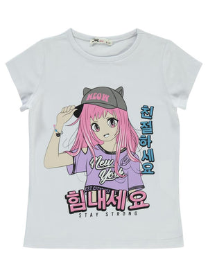 Civil Girls Anime Kız Baskılı 6-9 Yaş Tişört - Beyaz