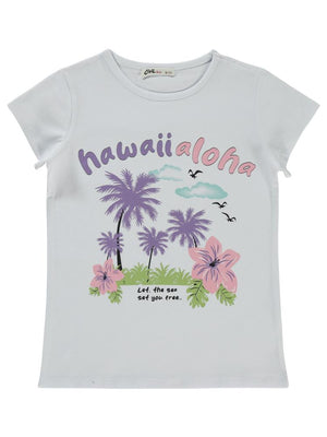 Civil Girls Havai Aloha Baskılı 6-9 Yaş Tişört - Beyaz