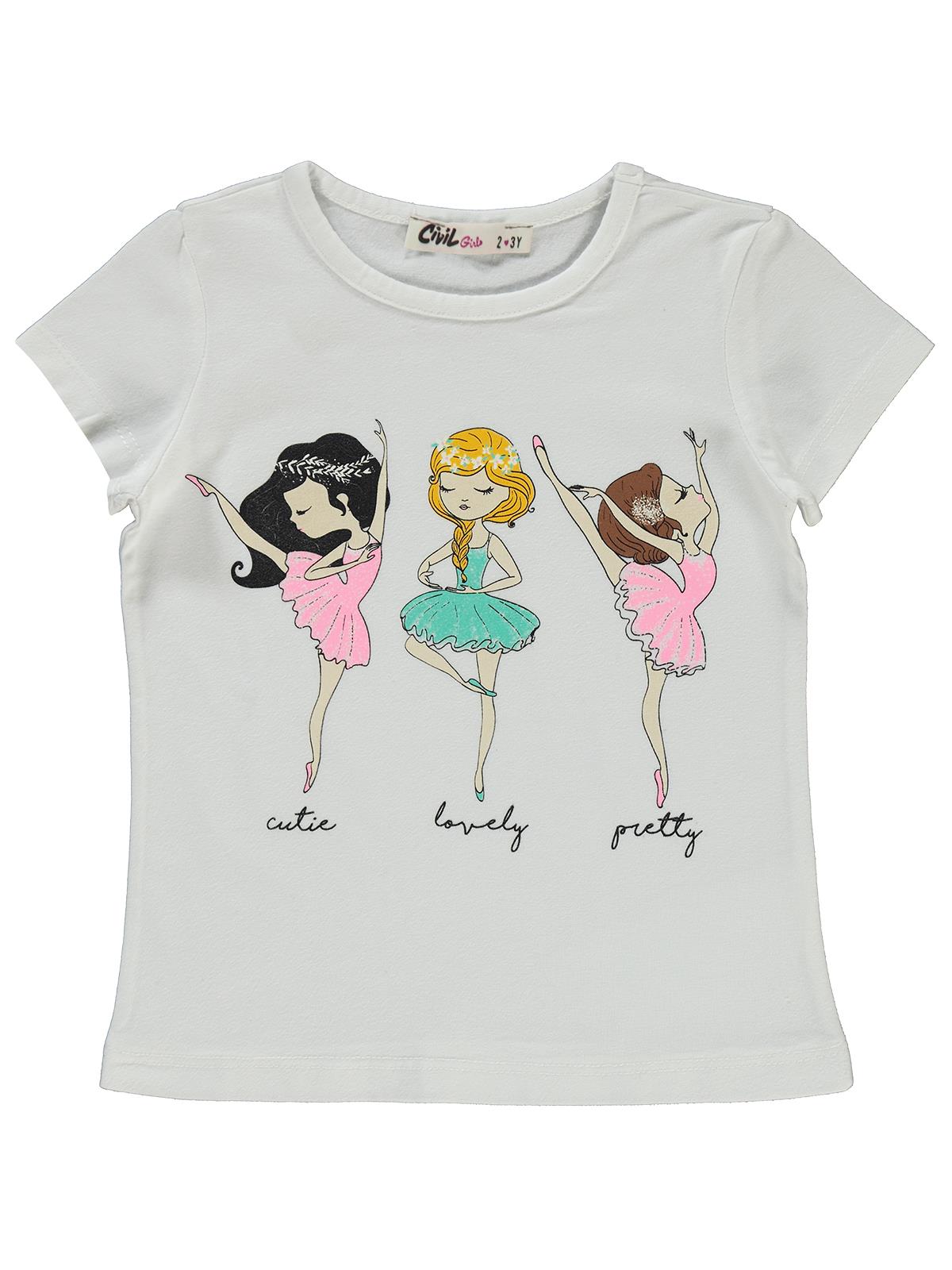 Civil Girls Balerin Baskılı 2-5 Yaş Tişört - Ekru