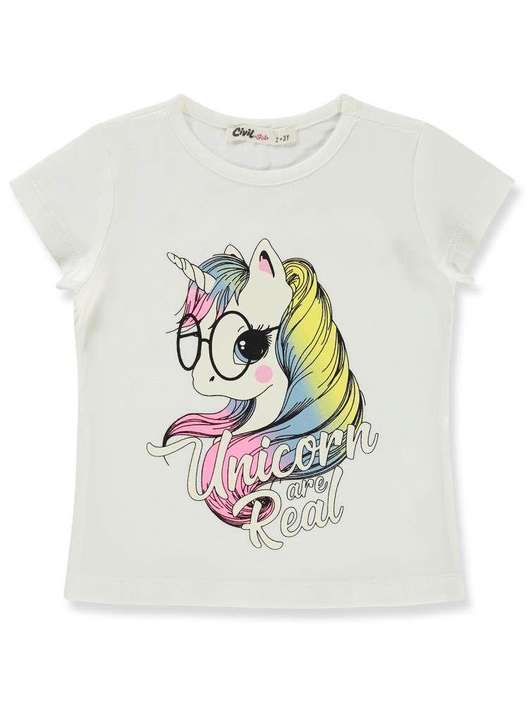 Civil Girls Unicorn Baskılı 2-5 Yaş Tişört - Ekru