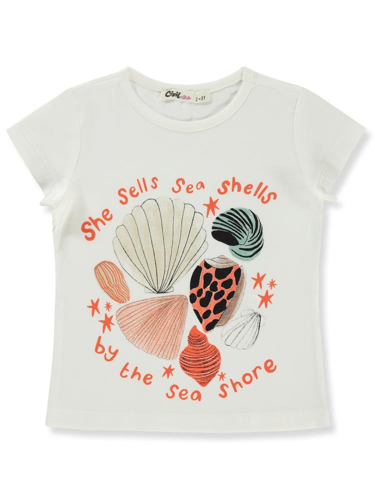 Civil Girls Deniz Kabuğu Baskılı 2-5 Yaş Tişört - Ekru