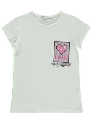 Civil Girls Kalp Love Baskılı 10-13 Yaş Tişört - Ekru