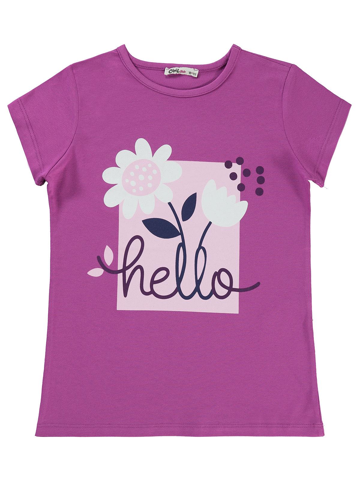 Civil Girls Hello Baskılı 10-13 Yaş Tişört - Lila