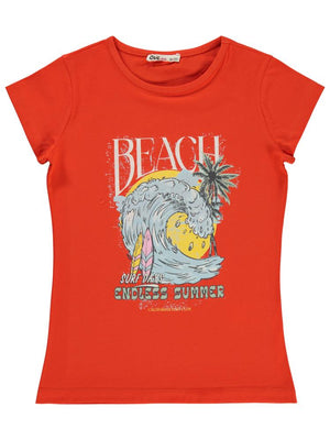 Civil Girls Beach Baskılı 10-13 Yaş Tişört - Turuncu