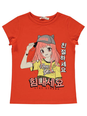 Civil Girls Anime Kız Baskılı 6-9 Yaş Tişört - Turuncu