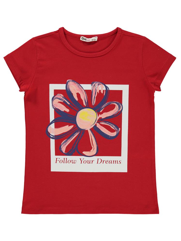 Civil Girls Çiçek Baskılı 10-13 Yaş Tişört - Kırmızı