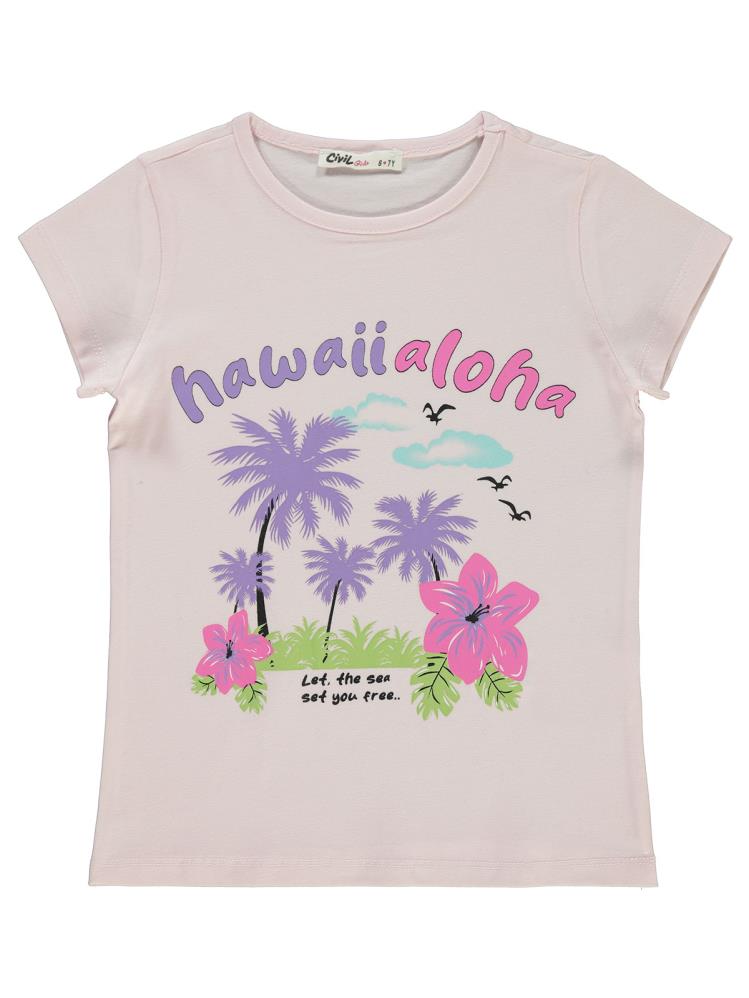 Civil Girls Havai Aloha Baskılı 6-9 Yaş Tişört - Pembe